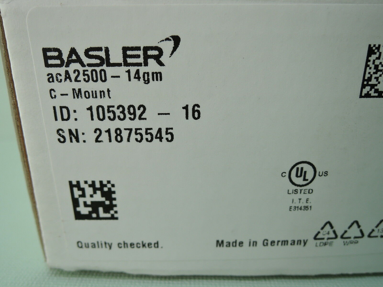 New Basler acA2500-14GM ACE Camera, 14FPS @ 5 MP Resolution, 1/25